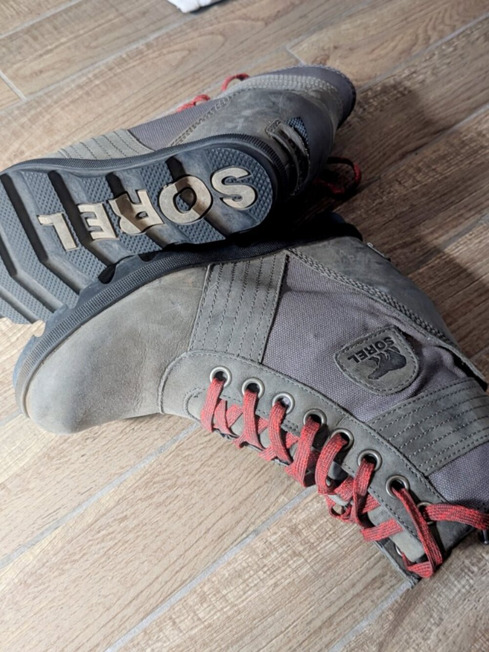 Sorel Lexie Wedge Lace-Up Boots - Gray with Red Laces - Picture 3 of 4